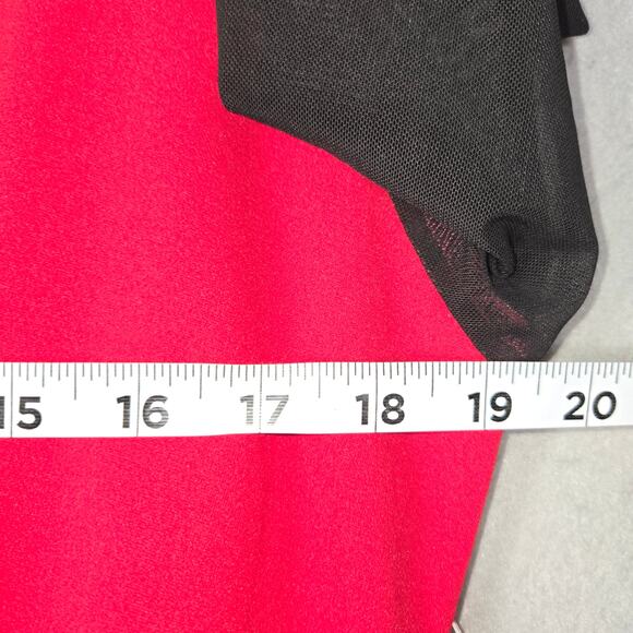 Ashley Stewart Womens 14/16 Red Midi Dress Black Mesh Sleeves Greek Key Trim NWT - Picture 10 of 12